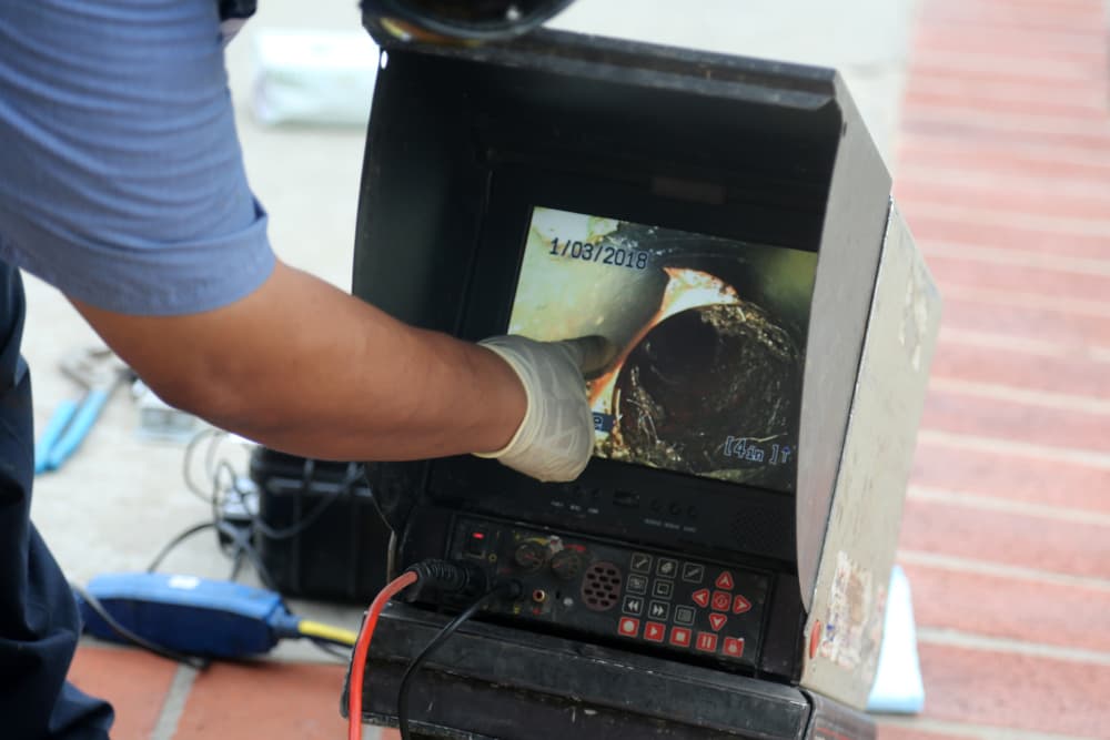 Plumber with CCTV drain camera and high pressure water jetter